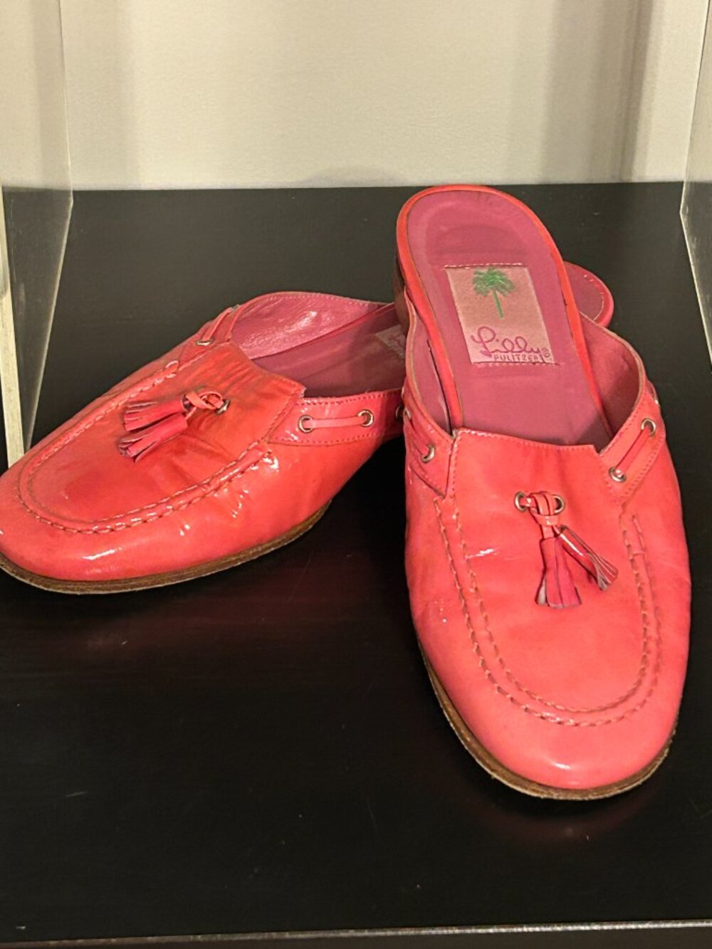 Vintage LILLY PULITZER Sz 6.5 Pink Patent Leather Tassel Mule / Slide / Shoes